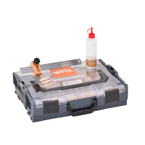 Wfix Woodworker L-BOXX 102 anthrazit mit Klarsichtdeckel inkl.Flachdübel 0 10 20, Streichmaß und Holzleim